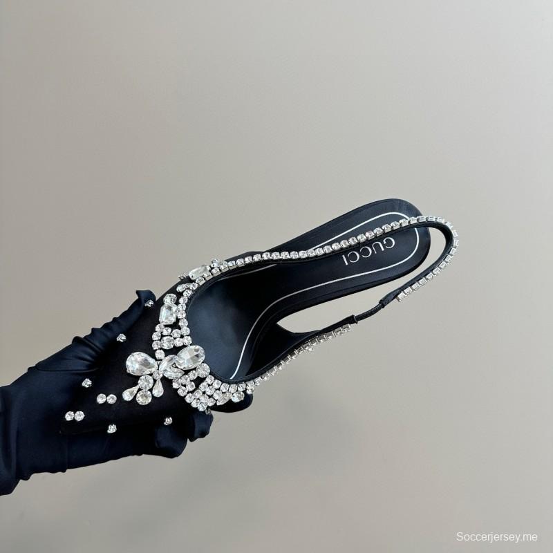 2025 Women Gucci Black Satin Slingback Heels Rhinestone MJ00340