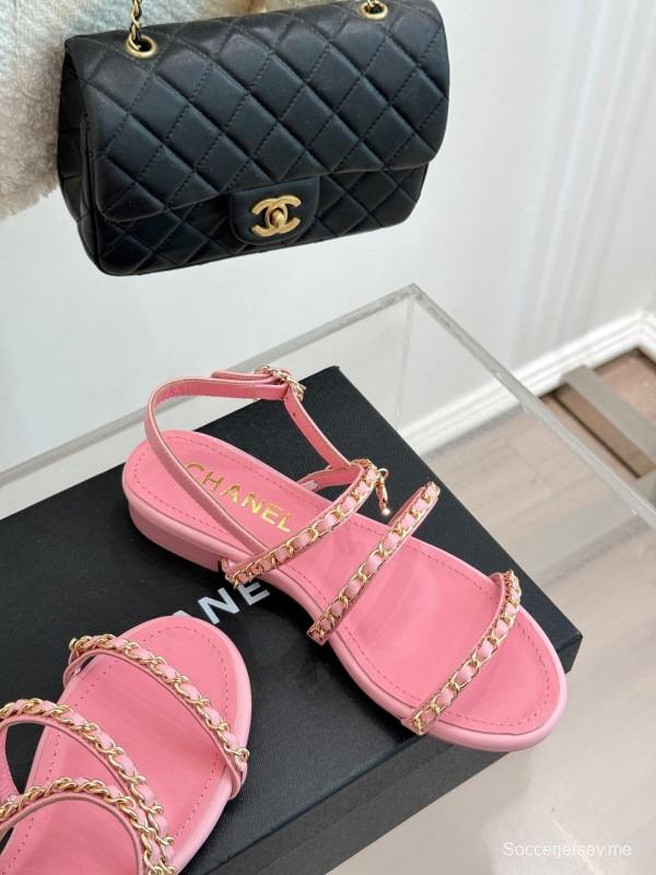 2025 Women Chanel Pink Leather Chain Strap Sandals