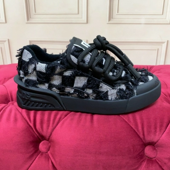 2024 Unisex Dolce & Gabbana Black White Wool Leather Sneakers MJ00340