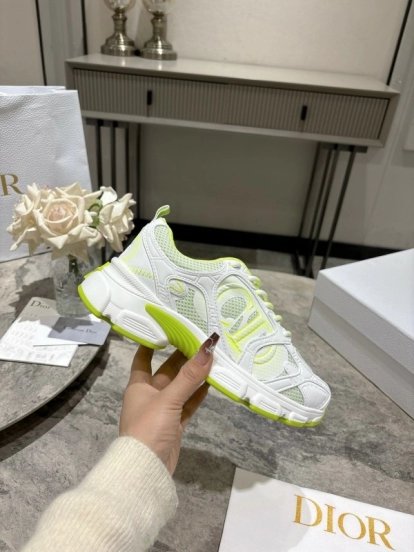 2025 Women Dior White Neon Yellow Mesh Leather Sneakers KFY00370