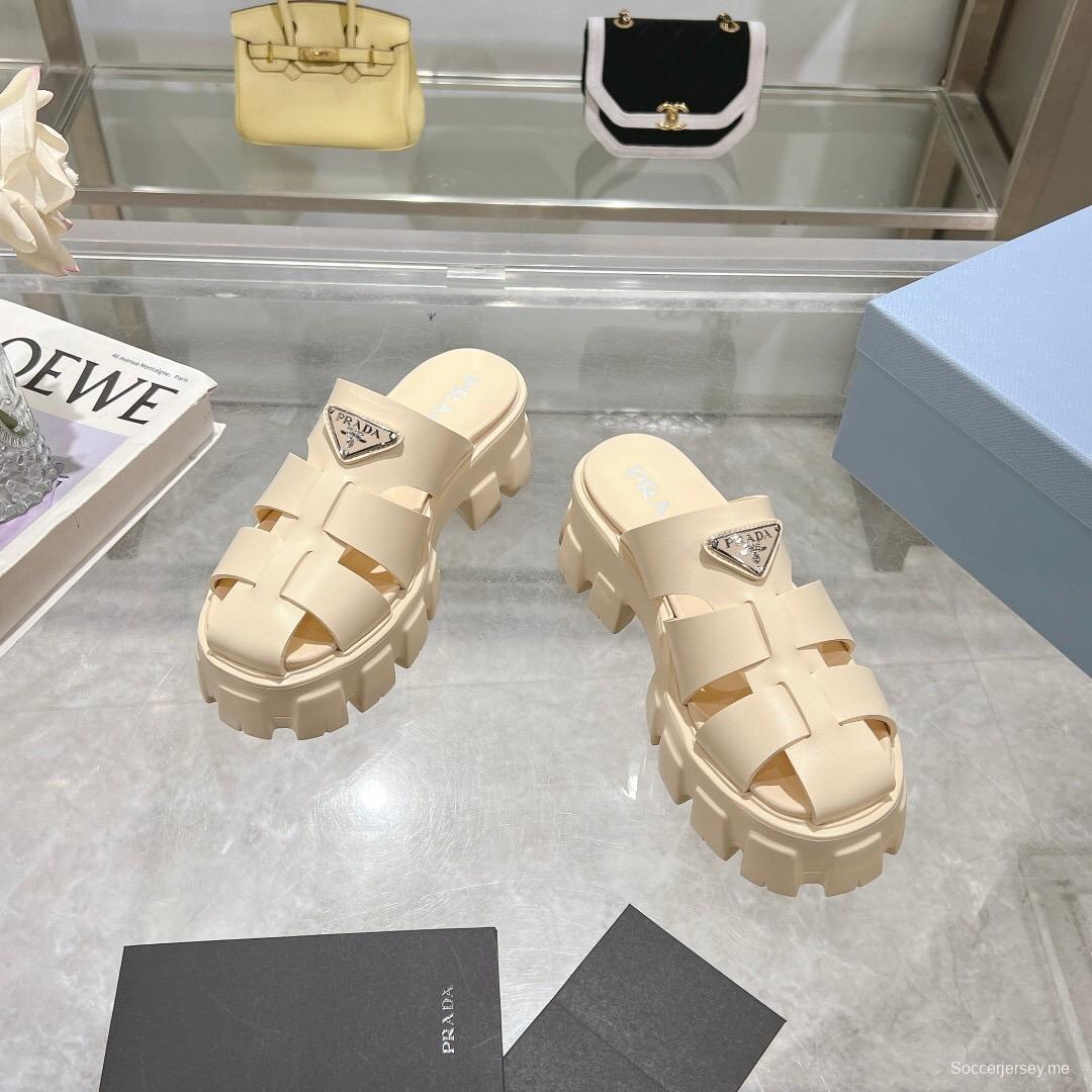 2025 Women Prada Beige Leather Platform Sandals LY00250