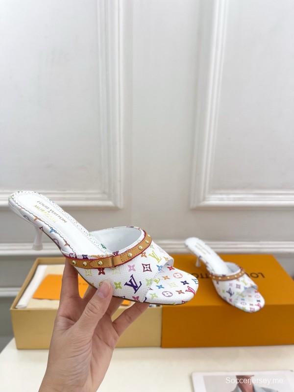 2025 Women Louis Vuitton White Rainbow Leather Slippers MJ00290