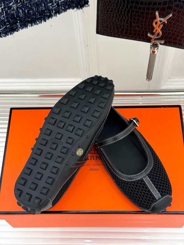 2025 Women Hermès Black Mesh Leather Mary Jane