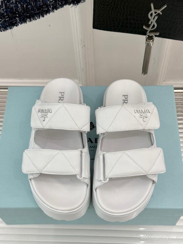 2025 Slippers Prada White Leather Quilted Velcro Strap KFY00250