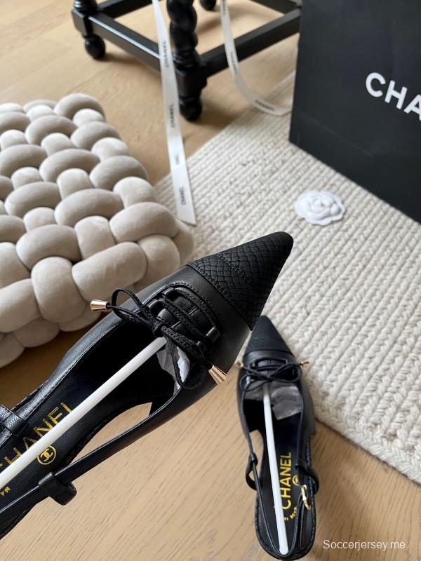 2025 Women Chanel Black Leather Slingback Bowknot Pumps KFY00320