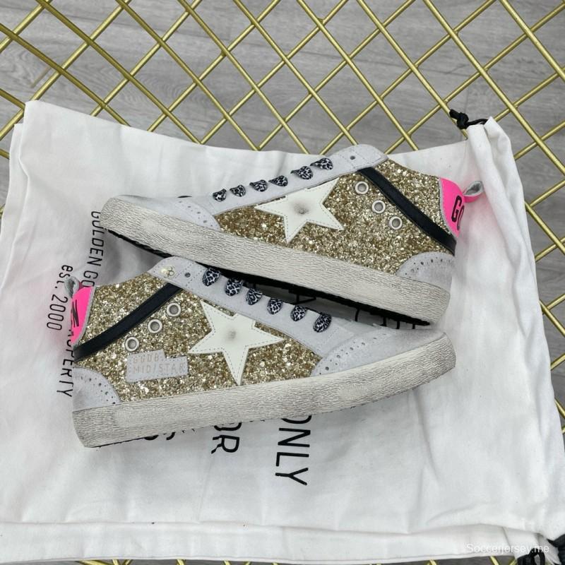 2024 Women GGDB Gold White Leather Glitter High Top Sneakers MJ015AM
