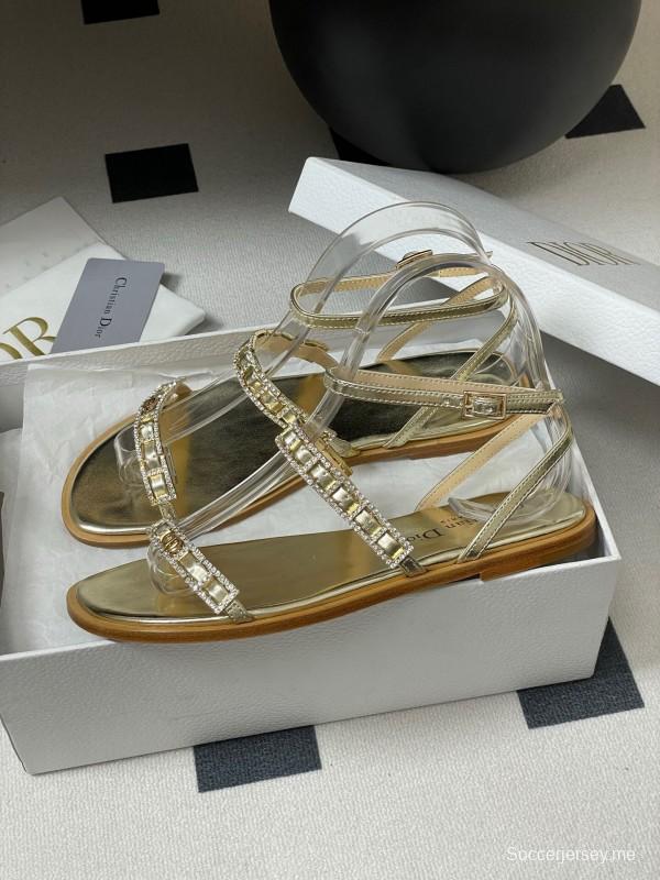 2025 Women Dior Gold Leather Sandals Crystal Embellishment