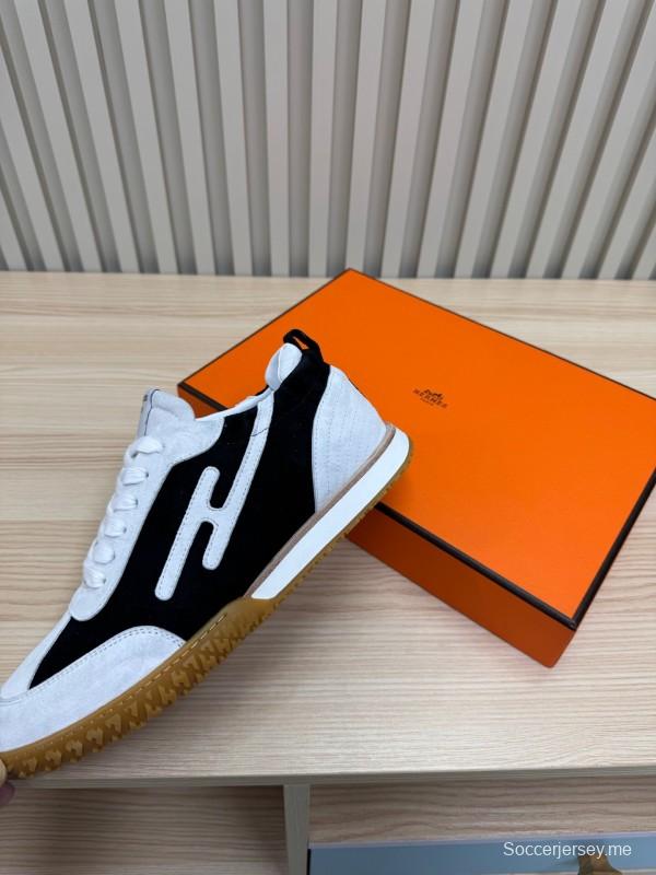2025 Unisex Hermès White Black Suede Goat Leather Sneakers Top Version LY00310