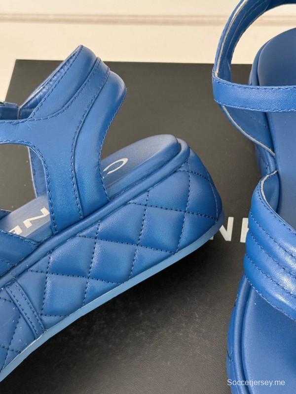 2025 Women Chanel Blue Leather Platform Sandals