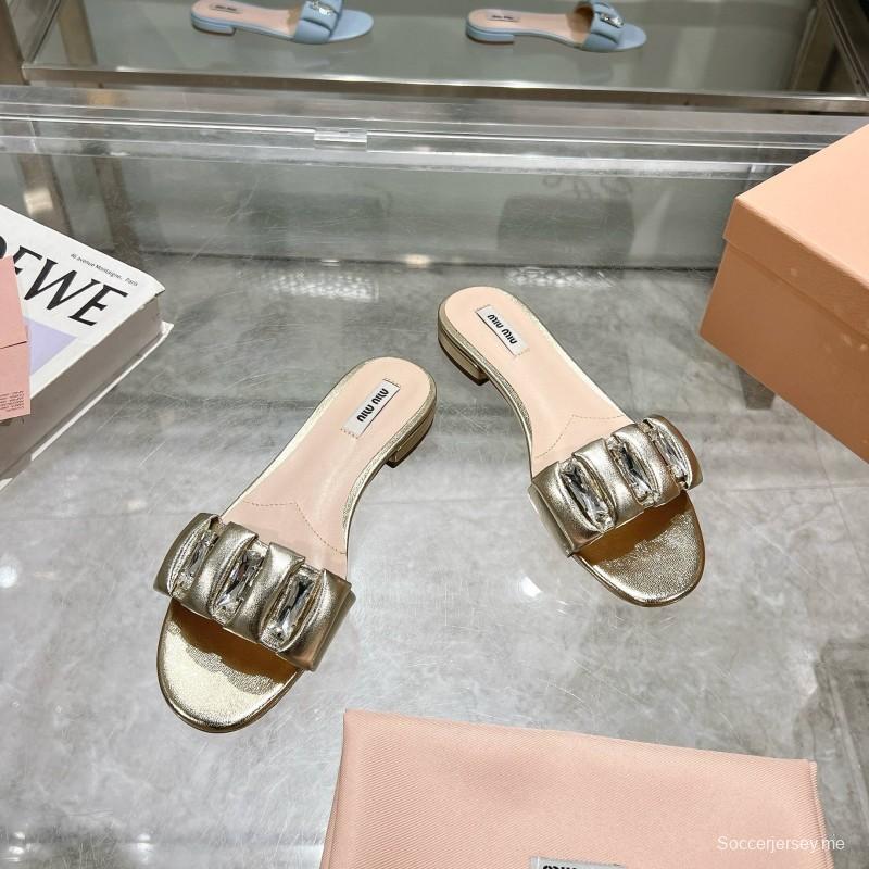 2025 Women Miumiu Metallic Leather Slippers