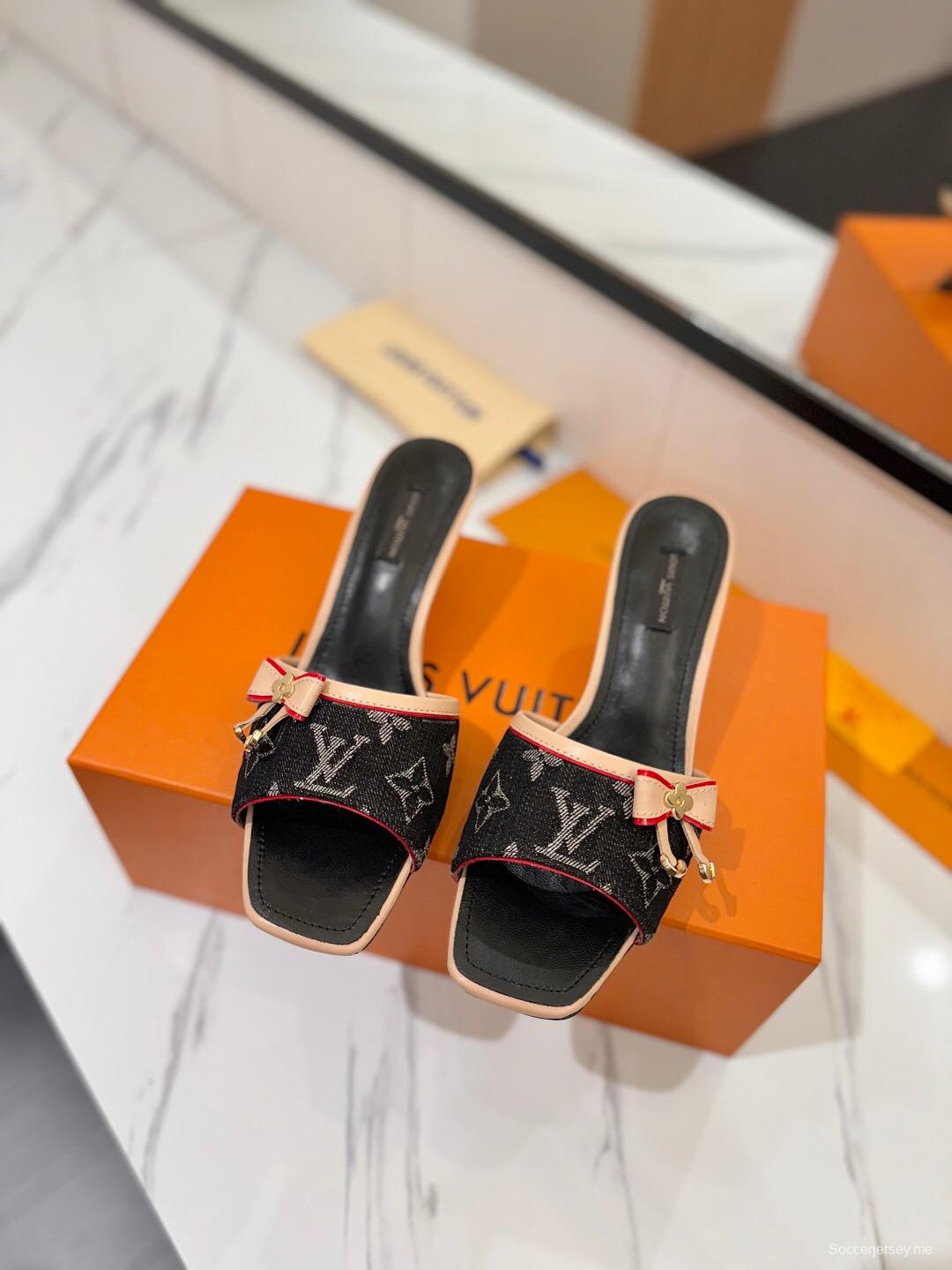 2025 Women Louis Vuitton Black Beige Denim Sandals LV Element KFY00310