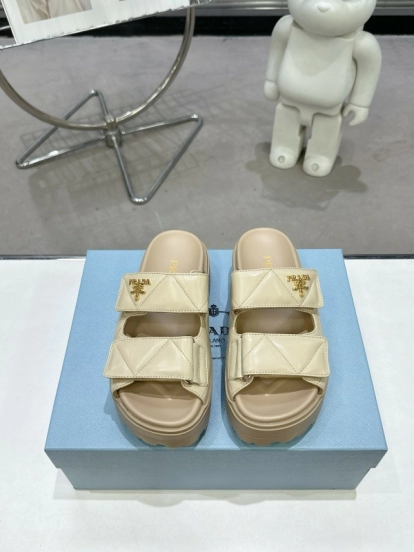 2025 Women Prada Beige Leather Slippers KFY00290