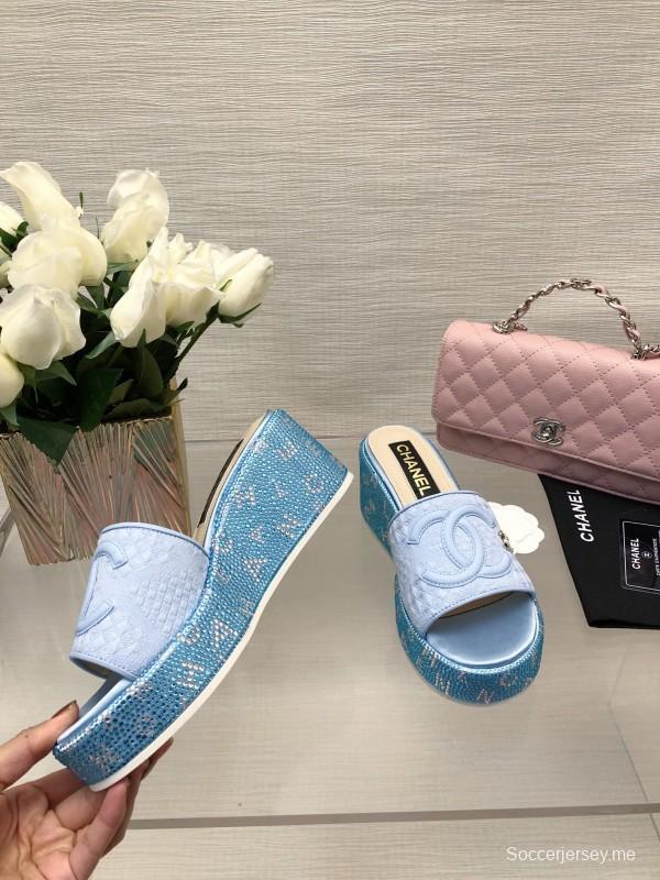 2025 Women Chanel Blue White Fabric Platform Slide Sandals LY00320