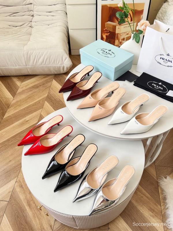 2025 Women Prada Silver Patent Leather Mules