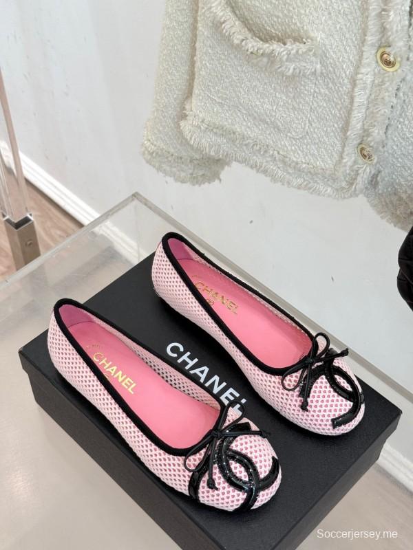 2025 Women Chanel Pink Black Mesh Ballet Flats KFY00260