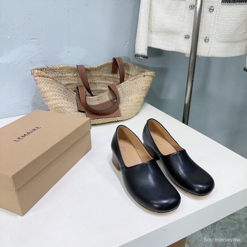 2025 Women LEMAIRE Black Leather Block Heel Shoes