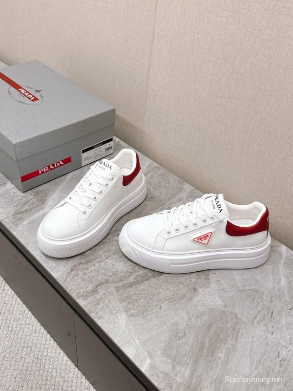 2025 Unisex Prada White Red Calf Leather Sneakers KFY00290