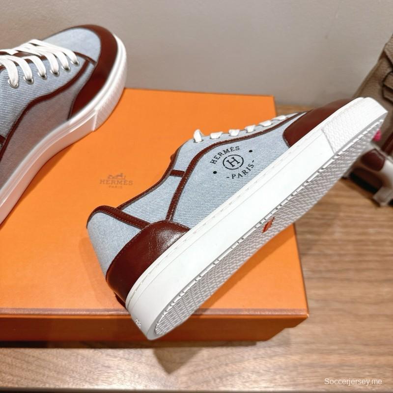 2025 Unisex H Brown Blue Leather Knit Sneakers AS00380