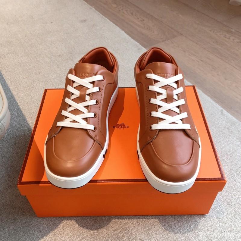 2025 Men Hermès Brown White Leather Sneakers AS00380
