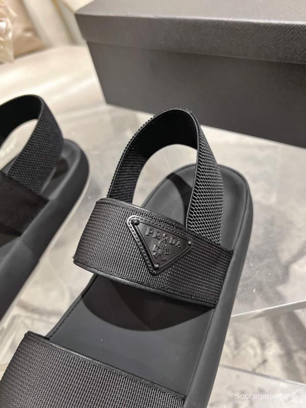 2025 Men Prada Black Leather Sandals KFY00220