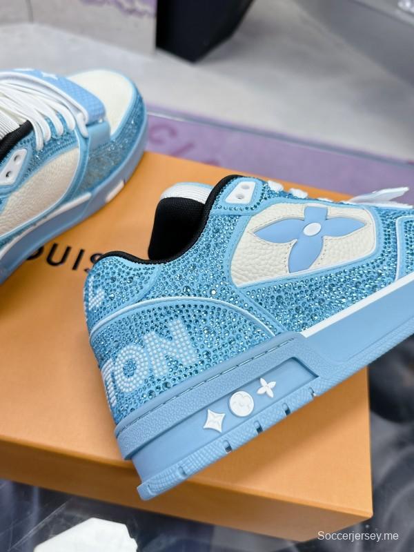 2025 Unisex Louis Vuitton Blue White Leather Denim Plimsolls Beaded LV Trainer AS00400