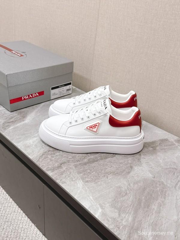2025 Unisex Prada White Red Calf Leather Sneakers KFY00290