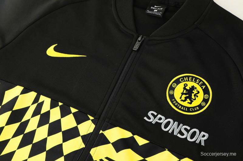 25/26 تشيلسي جاكيت تشيلسي أسود/أصفر بسحاب كامل + بنطلون طويل