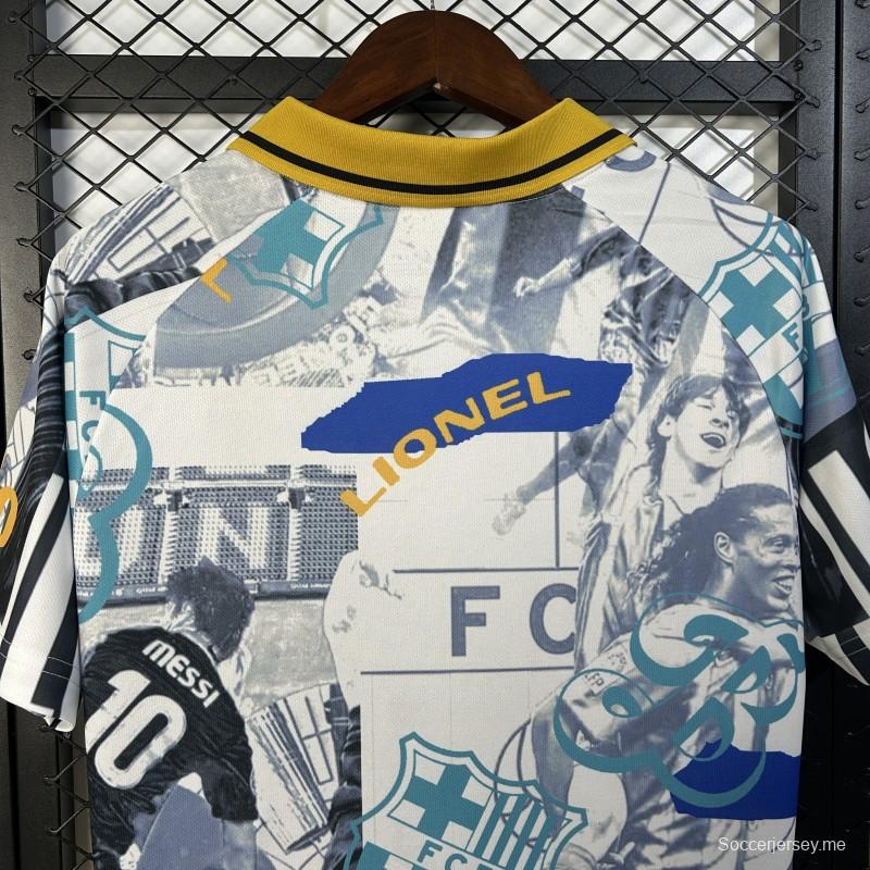 25/26 قميص نادي برشلونة أبيض مع قميص فن الكولاج الفني