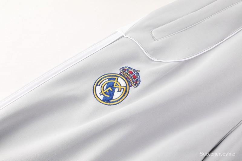 25/26 ريال مدريد جاكيت بسحاب كامل رمادي/أبيض + بنطلون طويل