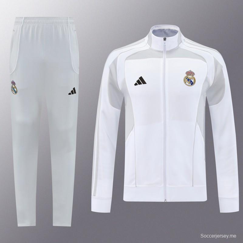 25/26 ريال مدريد جاكيت بسحاب كامل رمادي/أبيض + بنطلون طويل