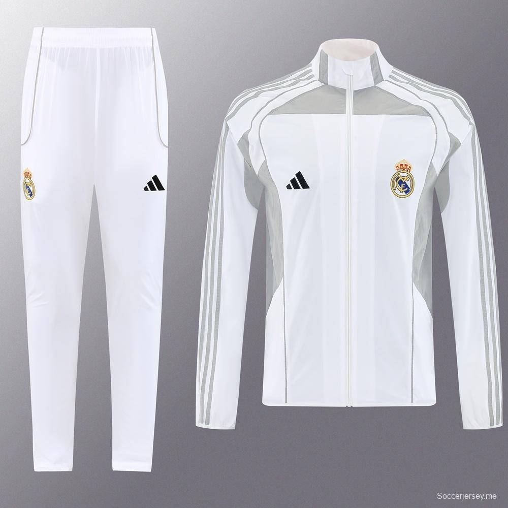 25/26 ريال مدريد جاكيت أبيض نصف سحاب + بنطلون طويل S-3XL