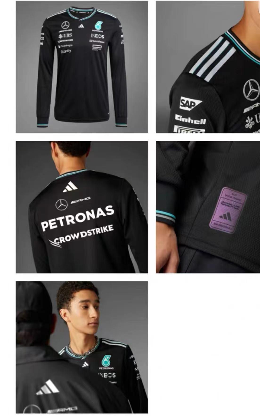 2026 فريق مرسيدس-AMG Petronas F1 F1 فريق مرسيدس-AMG للفورمولا 1 قميص بأكمام طويلة أسود بحواف مزينة باللون الأزرق المخضر