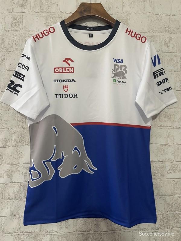 2025 F1 سباق ريد بُل 2025 قميص سباق ريد بُل أبيض وأزرق بشعار الثور الفضي