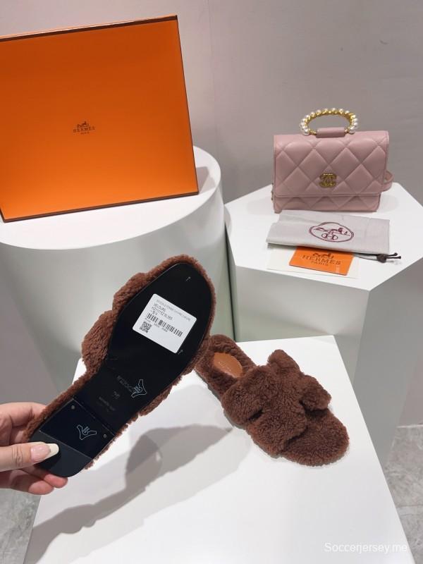 H Teddy Wool H Slippers Flat Sole Fur Slippers - LY00240