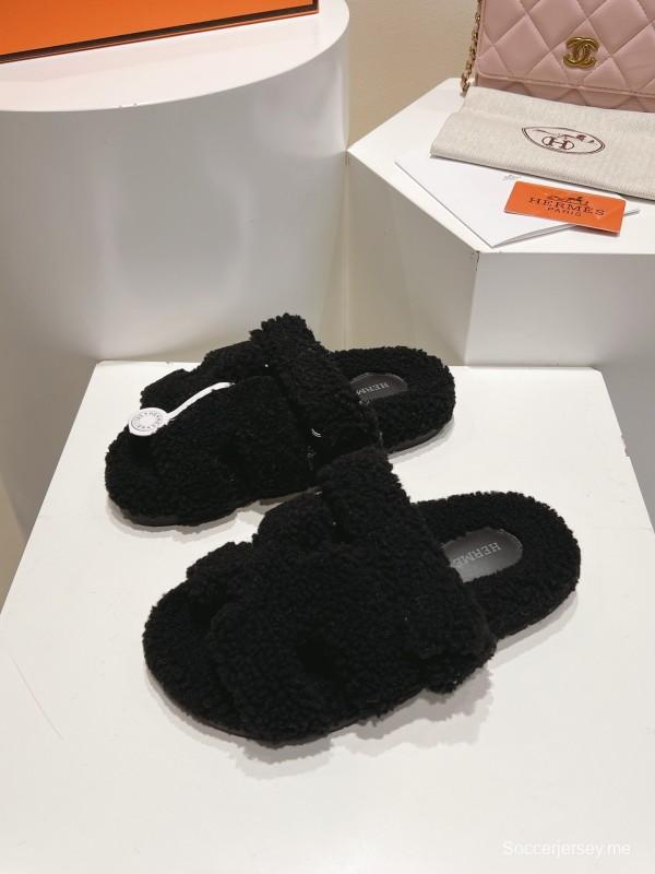 H Full Straight Hair Particle Fur Slippers - LY00300