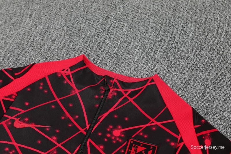 25/26 أتليتكو مدريد أسود بنقشة خطوط هندسية حمراء بنقشة خطوط هندسية نصف سحاب سترة رياضية + بنطال طويل