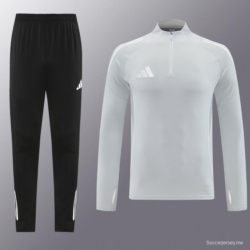 25/26 أديداس سترة رياضية بسحاب كامل رمادي فاتح + بنطلون طويل + أديداس 25/26