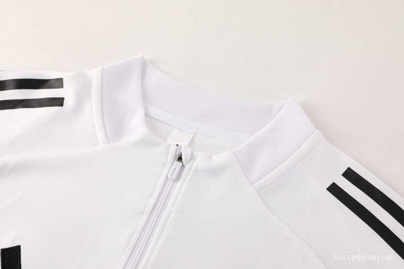 25/26 أديداس جاكيت رياضي أبيض بسحاب كامل + بنطلون طويل + جاكيت أديداس أبيض