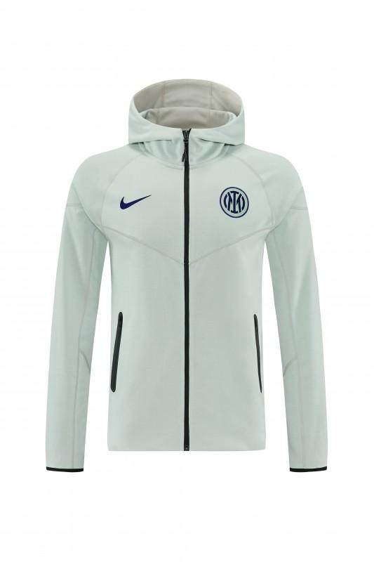 26/27 بدلة رياضية من إنتر ميلان بلون أخضر فاتح مع سحاب كامل وغطاء للرأس + بنطال طويل