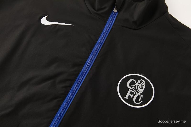 26/27 طقم رياضي من تشيلسي باللون الأسود مع سترة بغطاء رأس وسحاب كامل + بنطال طويل