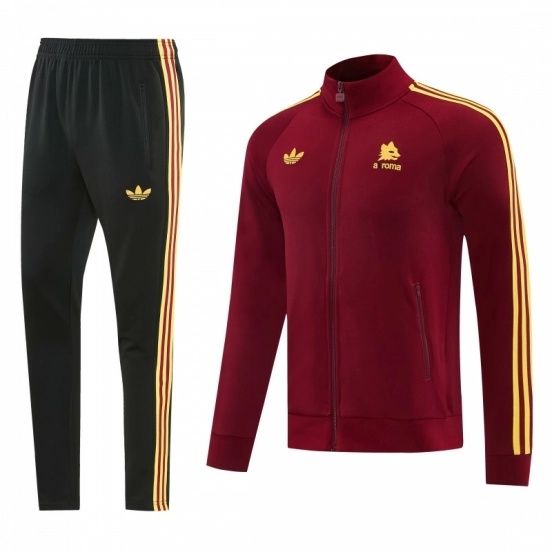 2026/27 AS Roma - طقم رياضي باللونين العنابي والذهبي مع سترة بسحاب كامل + بنطال طويل أسود
