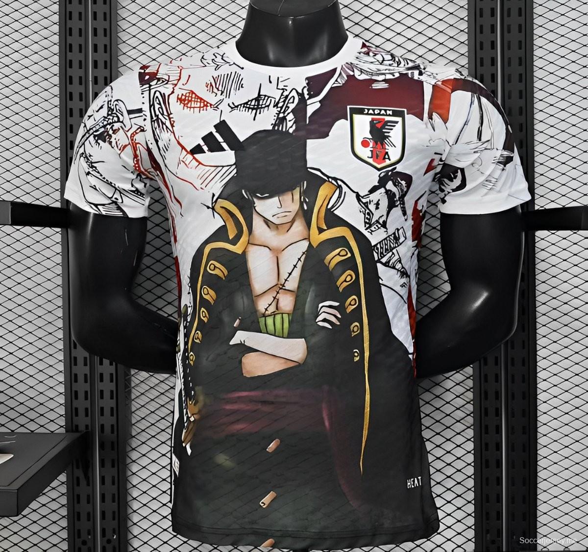 Player Version 2025 Japan White with One Piece Roronoa Zoro Character Jersey